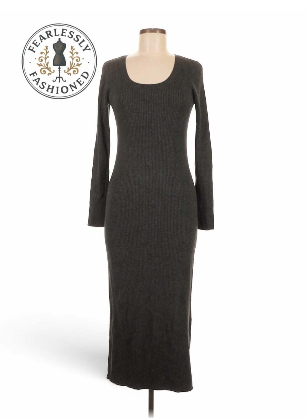 LOFT Women's Dark Gray Ribbed Scoop Neck Long Sleeve Midi Dress Size M